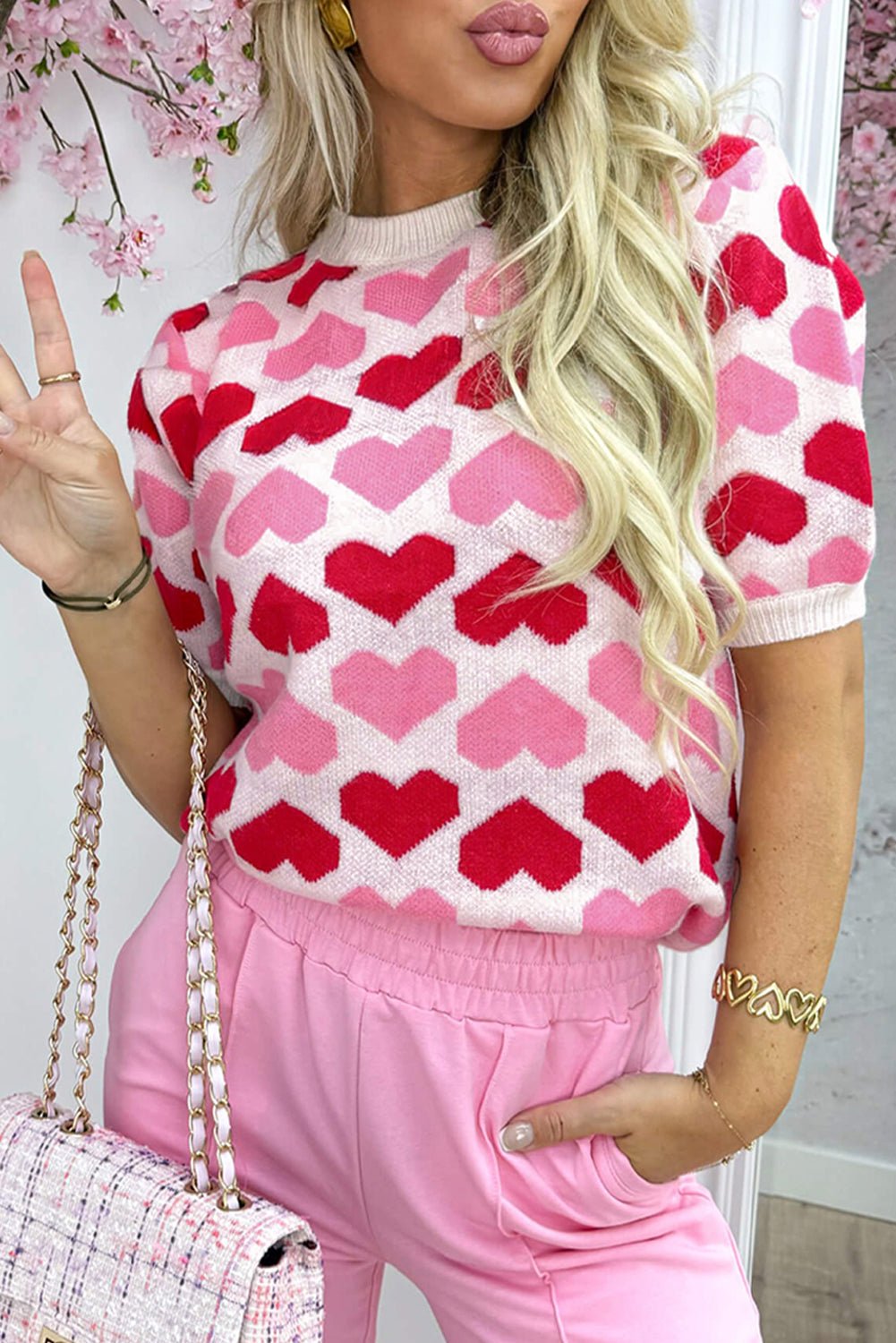 Sachet Pink Colorblock Heart Pattern Knit Top - MAD RUFFI