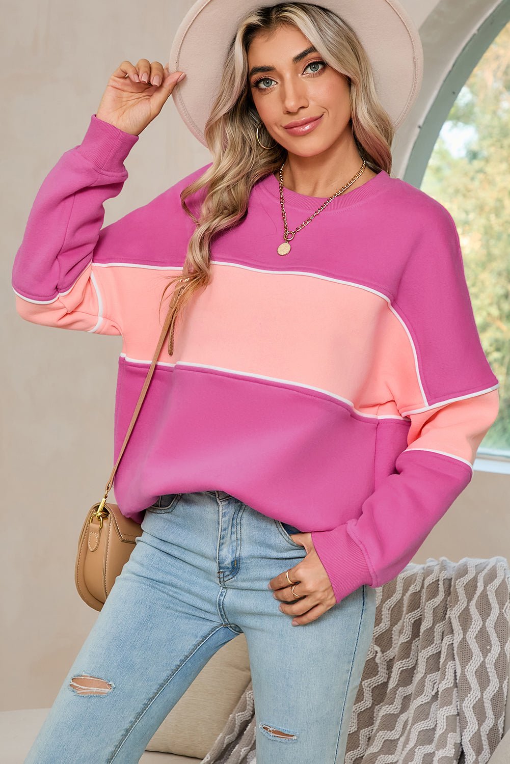 Sachet Pink Colorblock Ribbed Trim Sweatshirt - MAD RUFFI