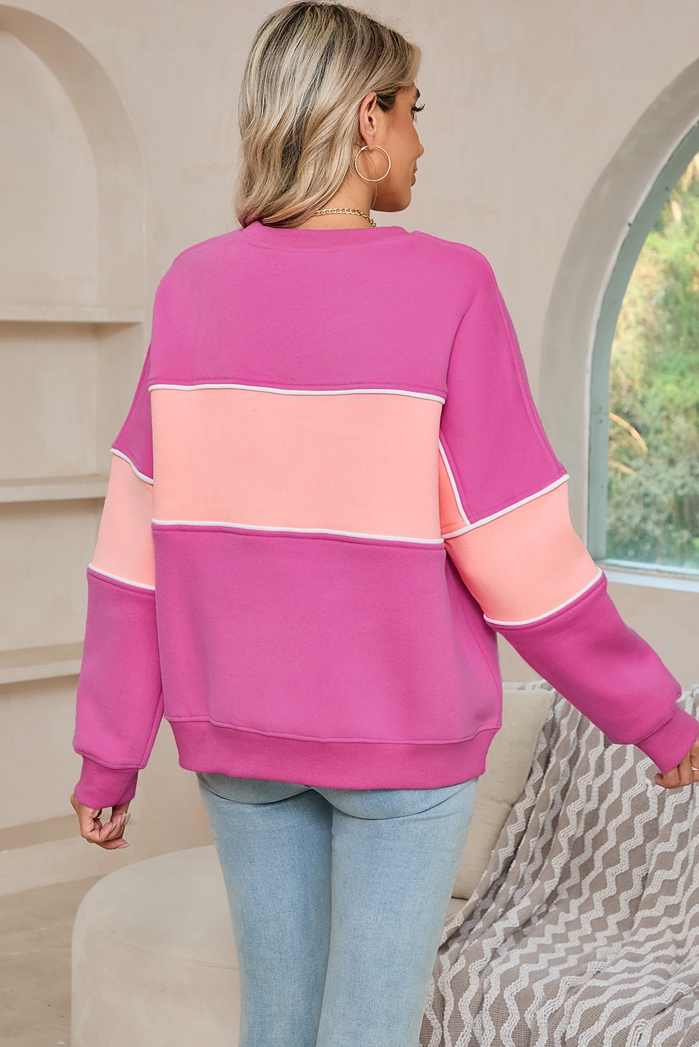 Sachet Pink Colorblock Ribbed Trim Sweatshirt - MAD RUFFI