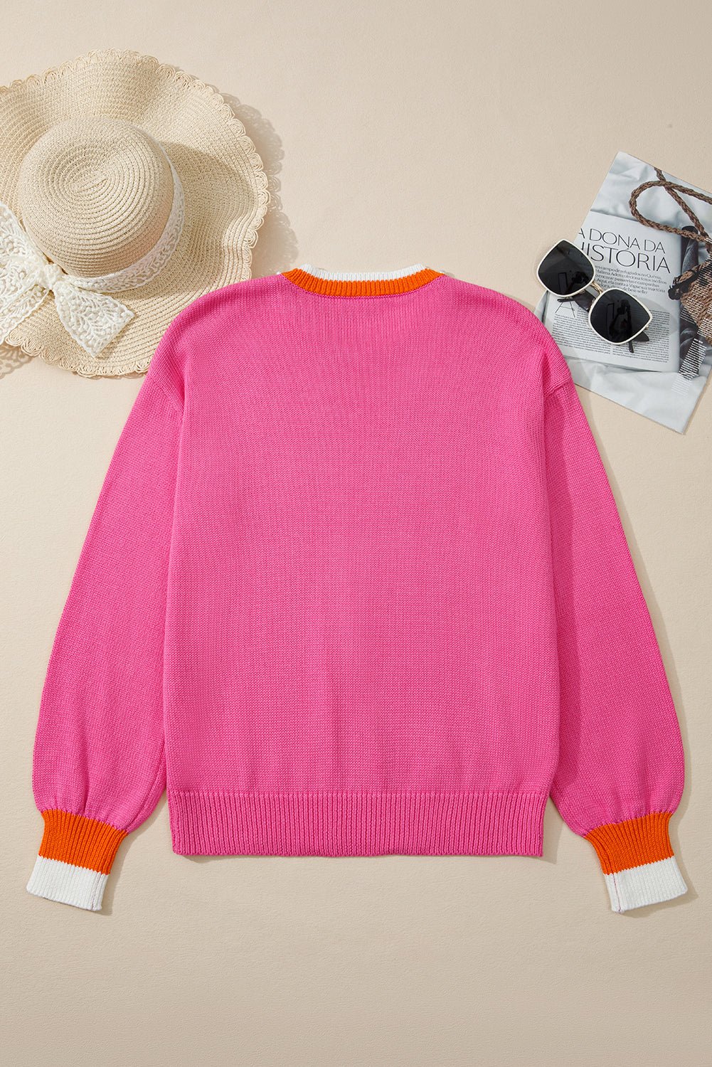 Sachet Pink Contrast Collar Pearl Decor Sweater - MAD RUFFI