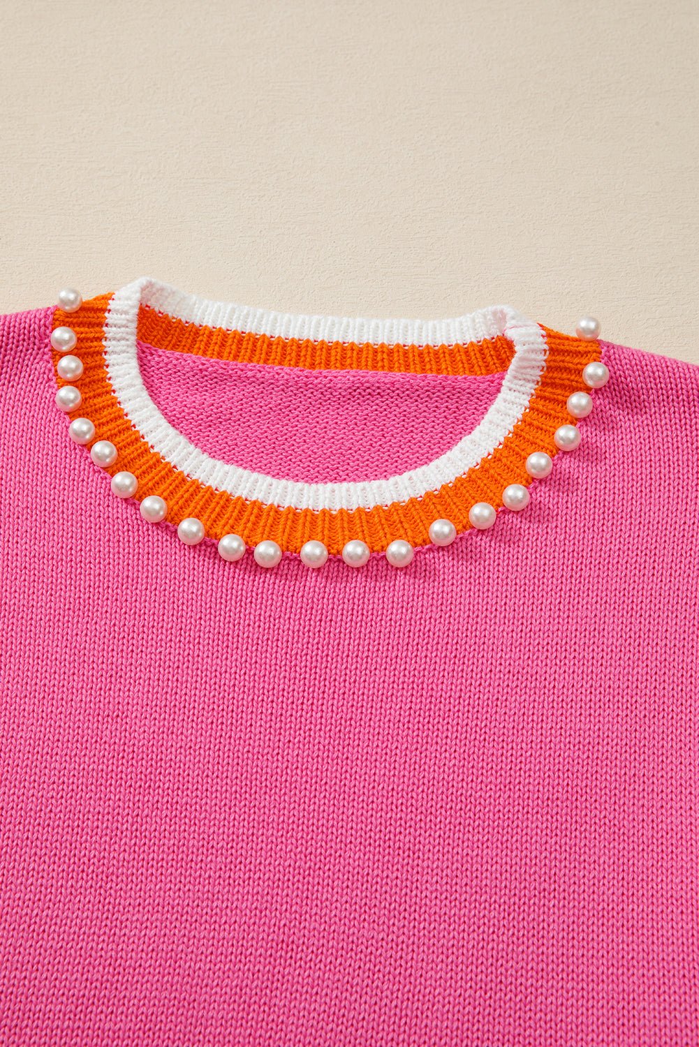 Sachet Pink Contrast Collar Pearl Decor Sweater - MAD RUFFI