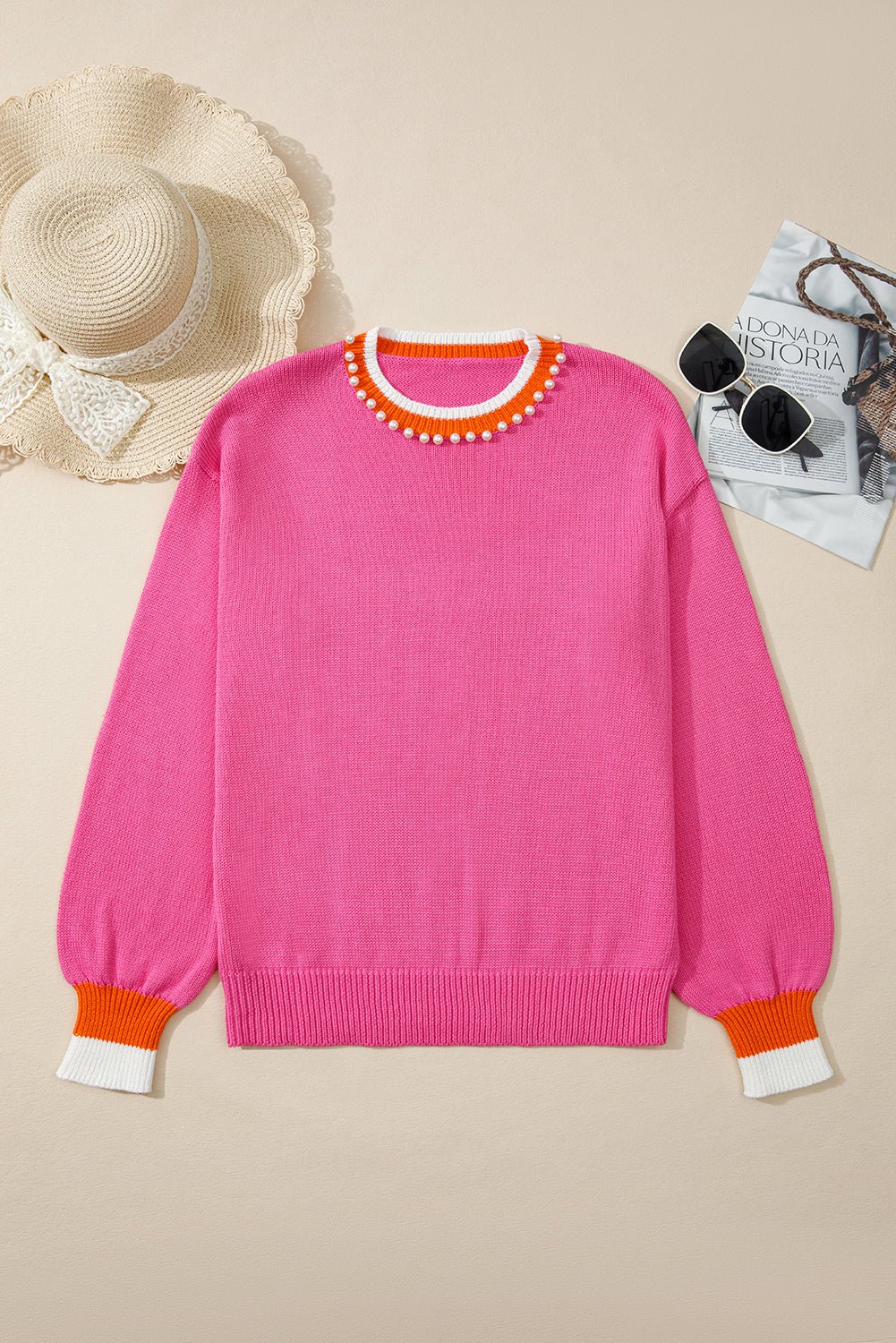 Sachet Pink Contrast Collar Pearl Decor Sweater - MAD RUFFI