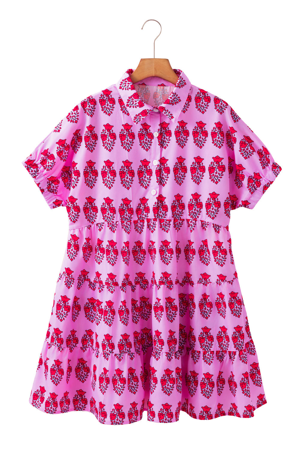 Sachet Pink Floral Print Short Sleeve Tiered  Boho Mini Dress - MAD RUFFI