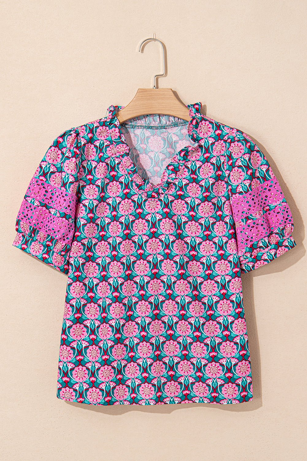 Sachet Pink Frill V - Neck Abstract Print Puff Sleeve Top - MAD RUFFI