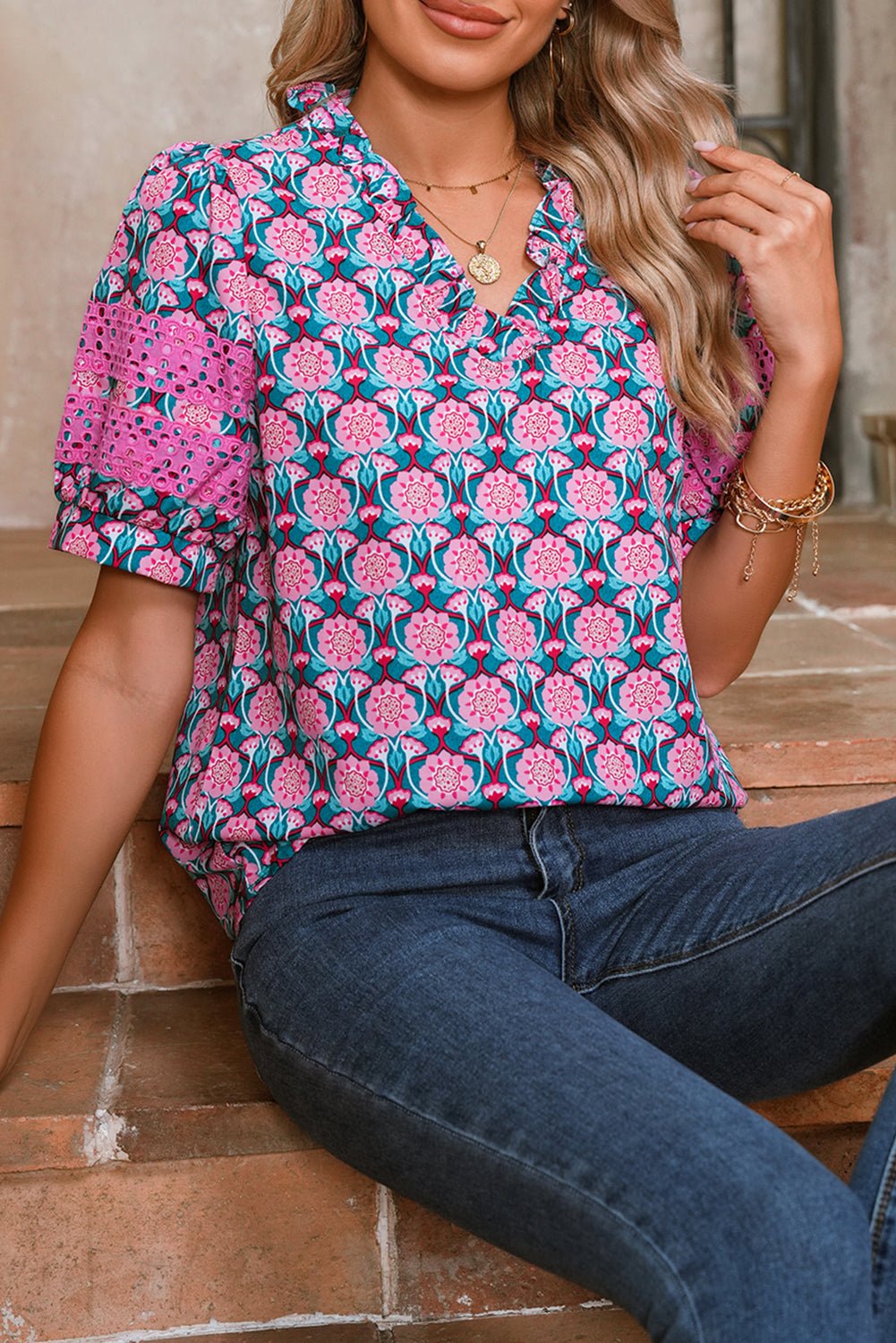 Sachet Pink Frill V - Neck Abstract Print Puff Sleeve Top - MAD RUFFI