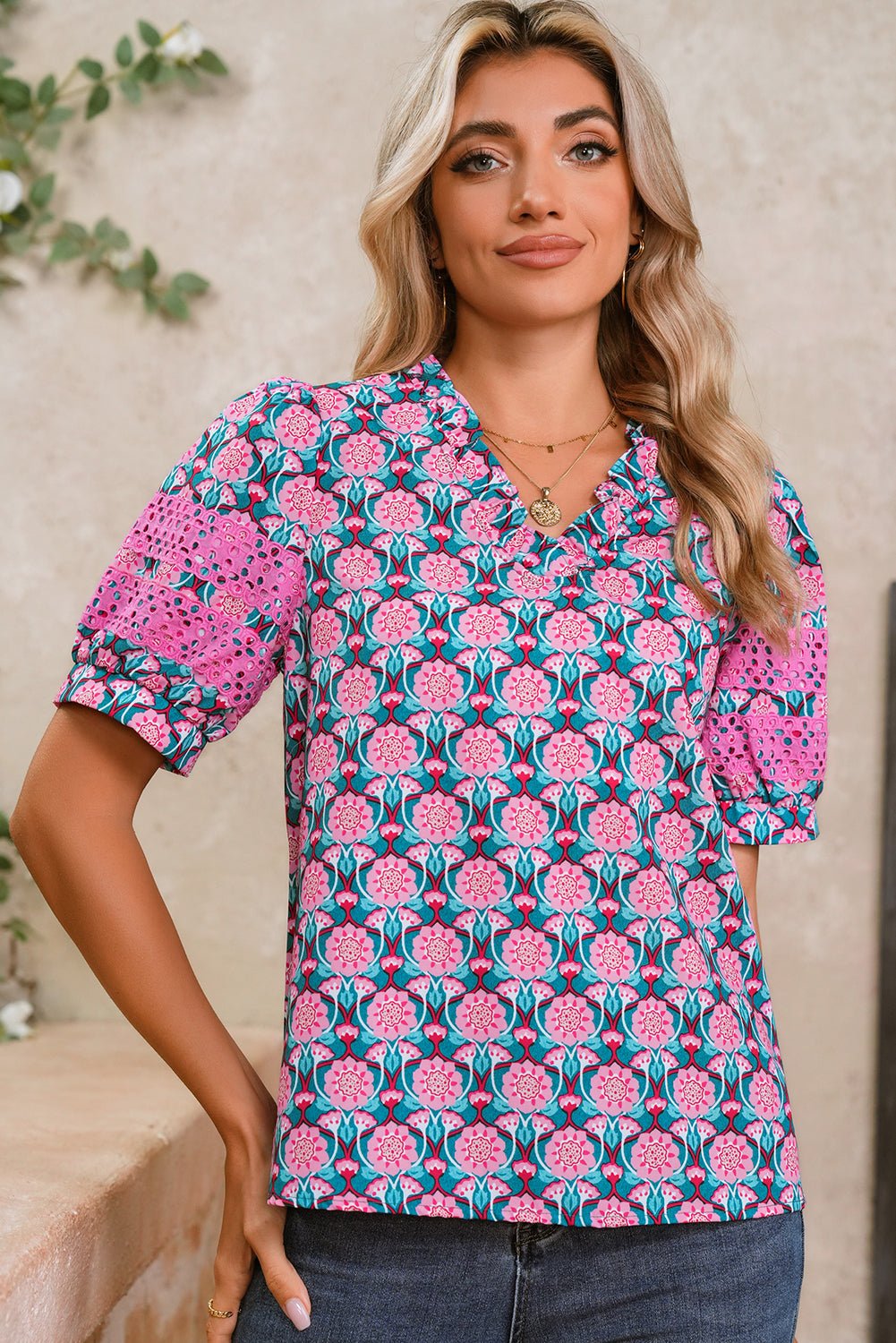 Sachet Pink Frill V - Neck Abstract Print Puff Sleeve Top - MAD RUFFI