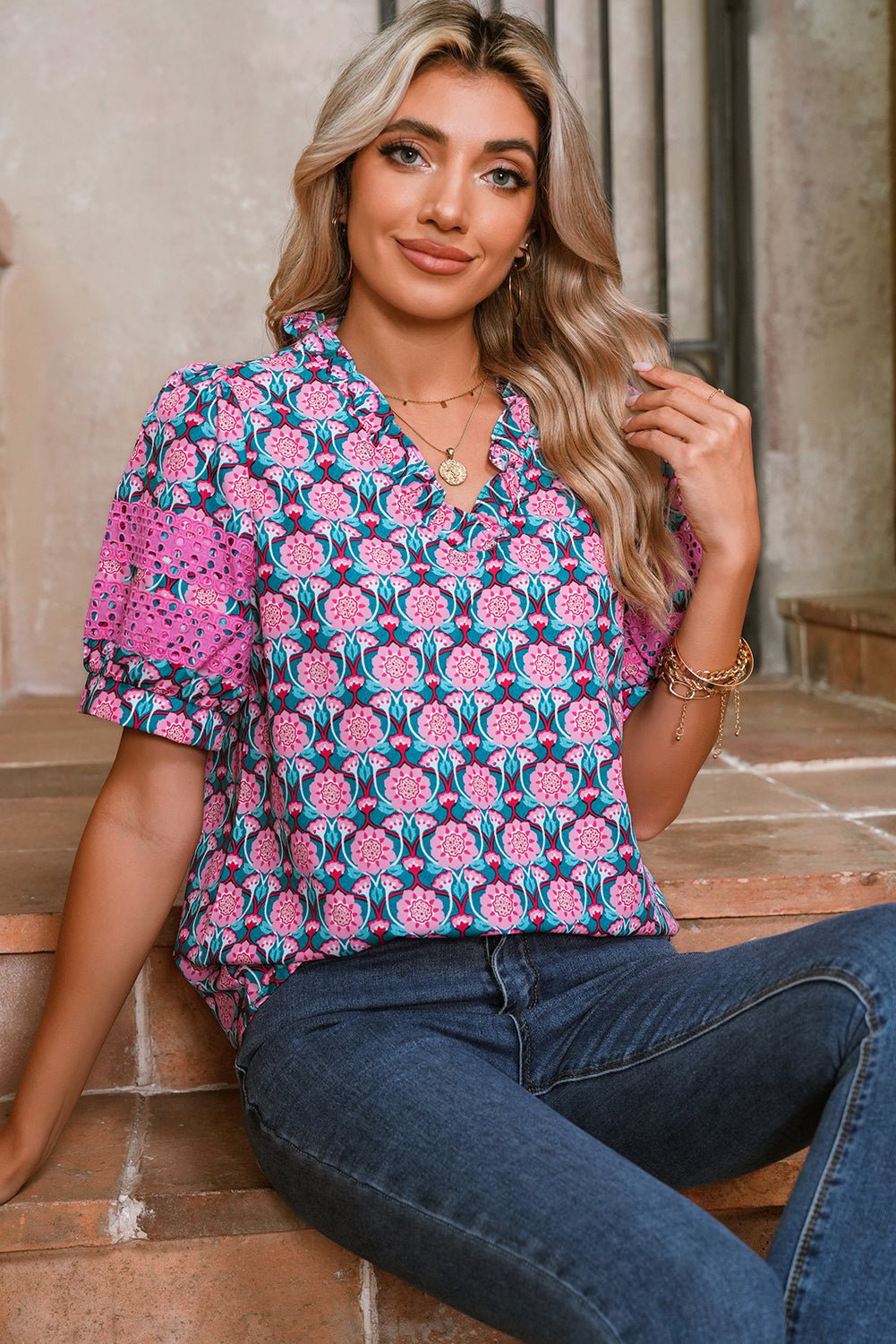 Sachet Pink Frill V - Neck Abstract Print Puff Sleeve Top - MAD RUFFI