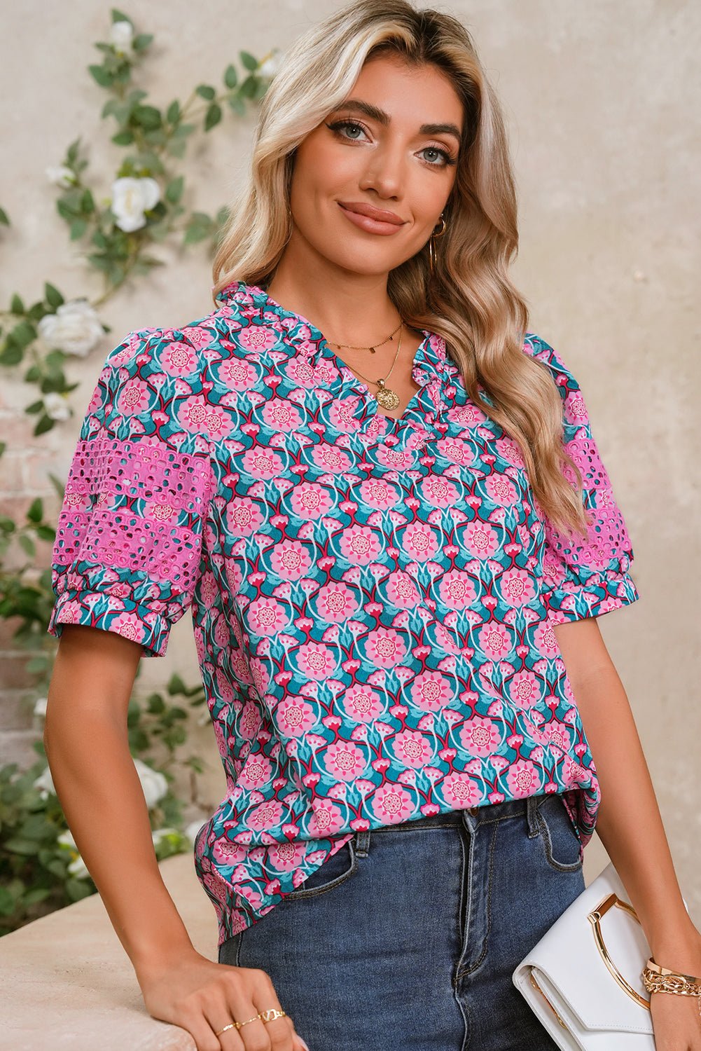 Sachet Pink Frill V - Neck Abstract Print Puff Sleeve Top - MAD RUFFI