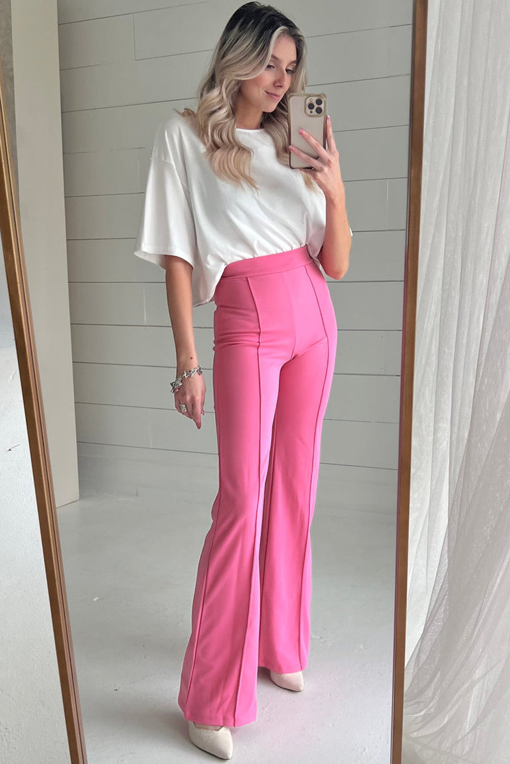 Sachet Pink High Waist Central Seam Flared Pants - MAD RUFFI