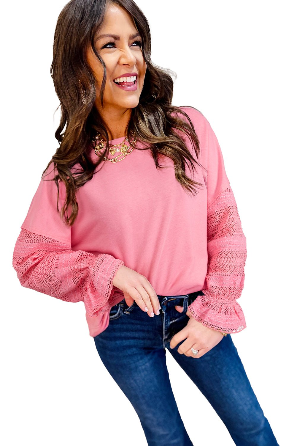 Sachet Pink Lace Patchwork Sleeve Loose Sweatshirt - MAD RUFFI