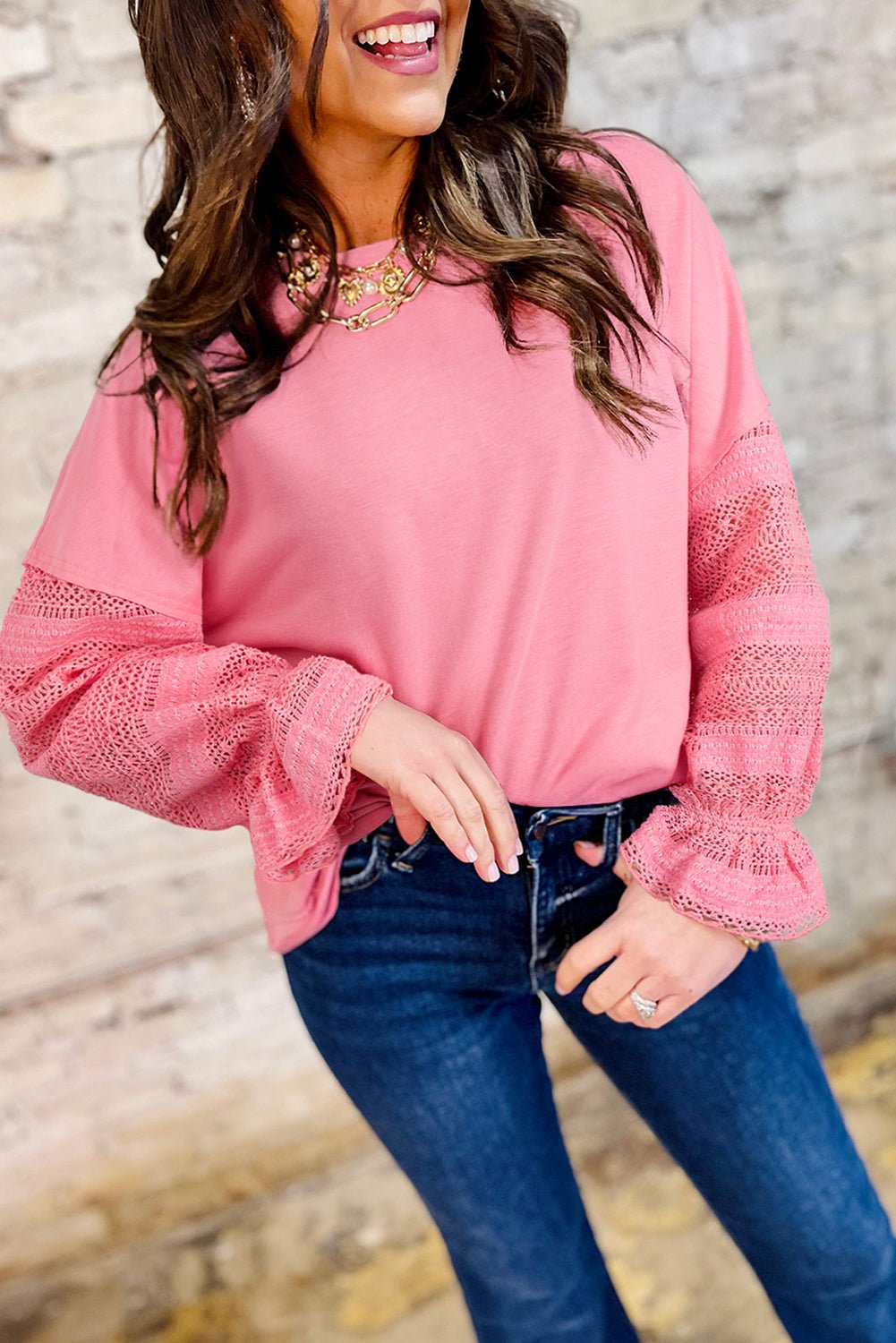 Sachet Pink Lace Patchwork Sleeve Loose Sweatshirt - MAD RUFFI