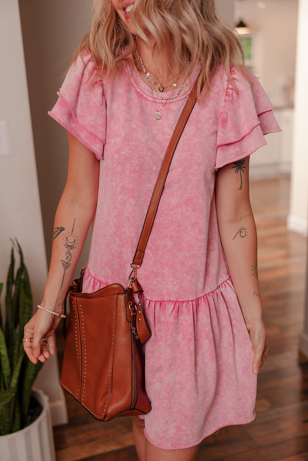 Sachet Pink Mineral Wash Raw Edge Ruffle Mini Dress - MAD RUFFI