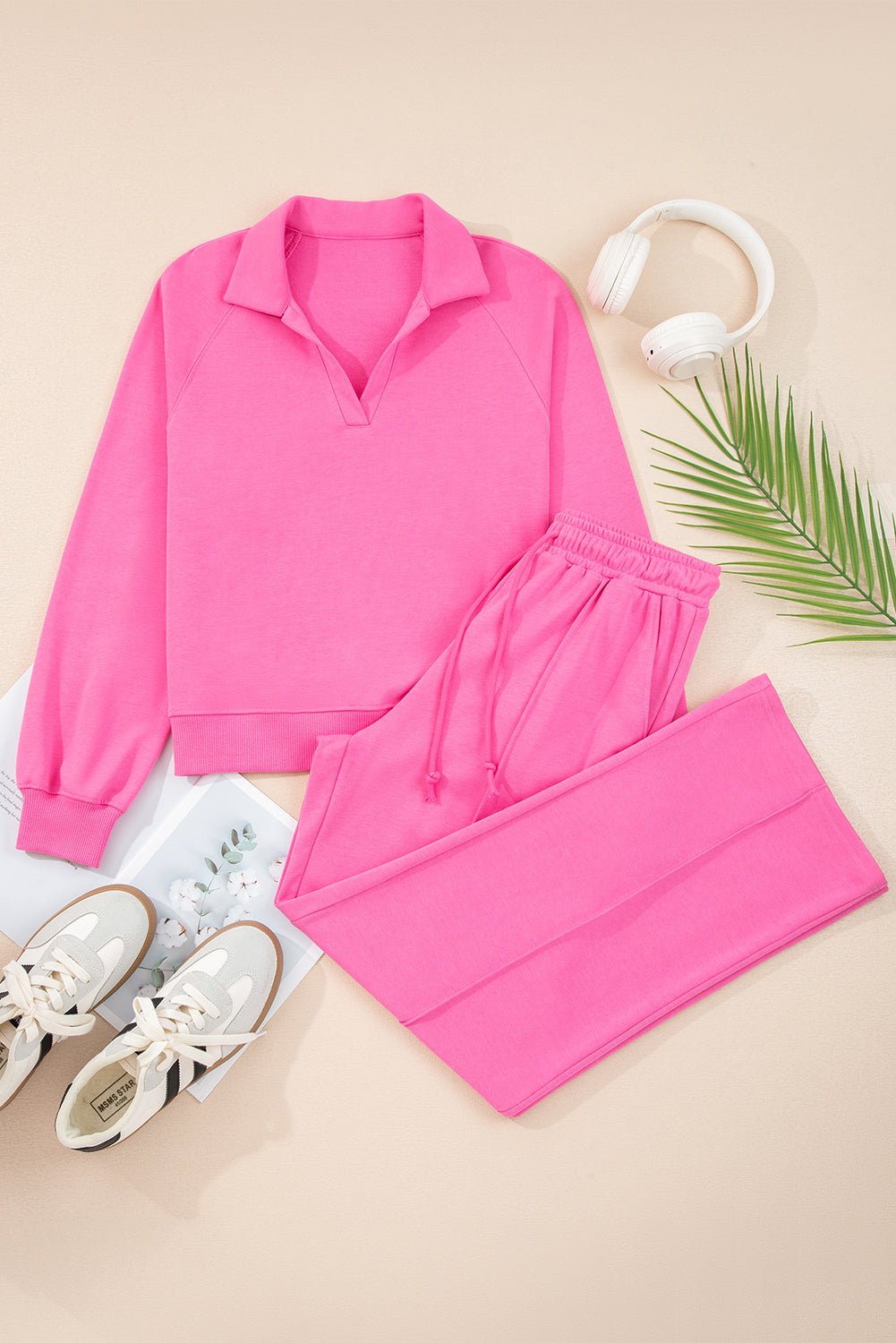 Sachet Pink Solid Color Collared Pullover and Central Seam Pants Set - MAD RUFFI