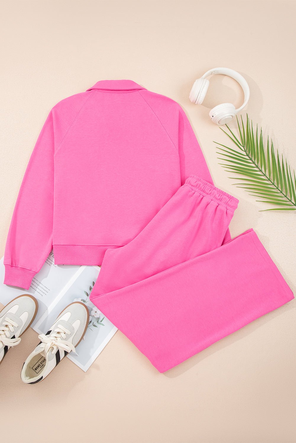 Sachet Pink Solid Color Collared Pullover and Central Seam Pants Set - MAD RUFFI