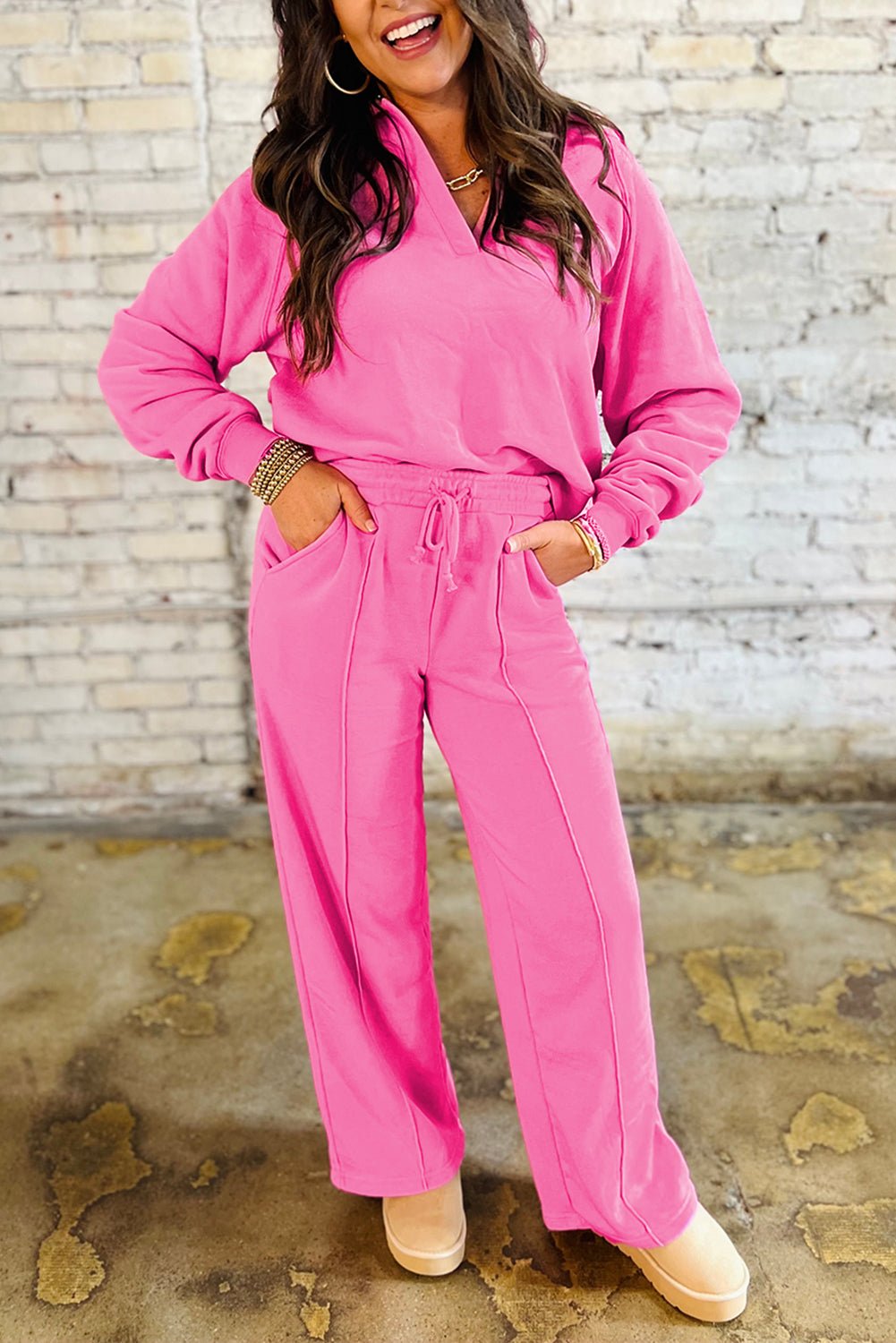 Sachet Pink Solid Color Collared Pullover and Central Seam Pants Set - MAD RUFFI