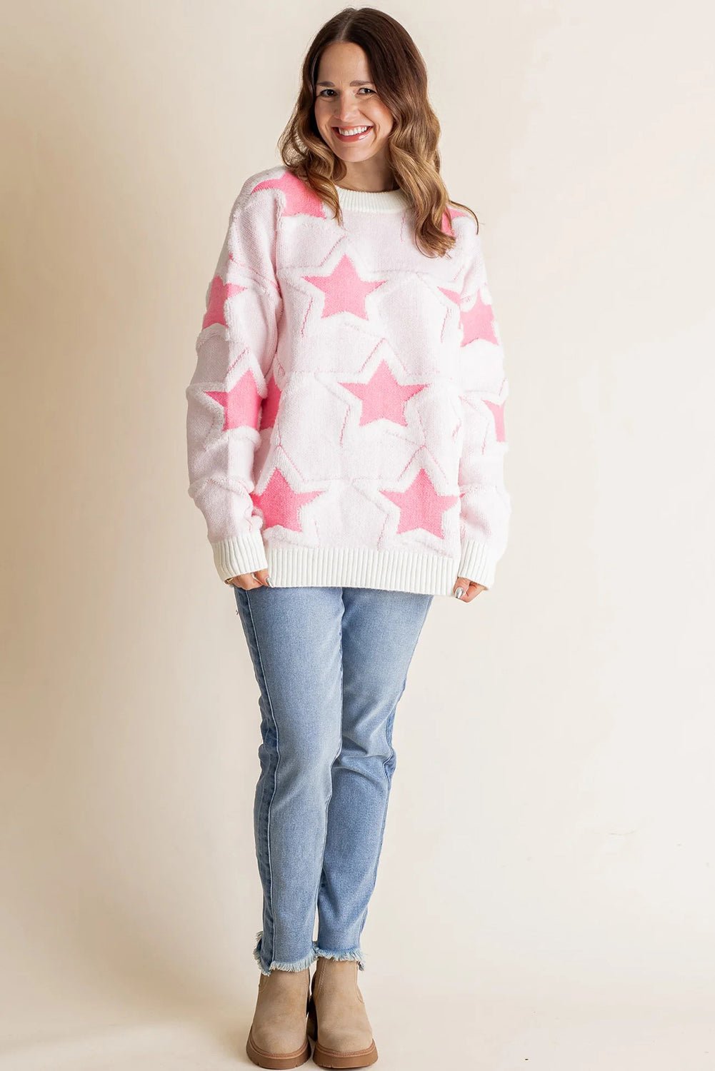 Sachet Pink Star Pattern Drop Sleeve Loose Sweater - MAD RUFFI