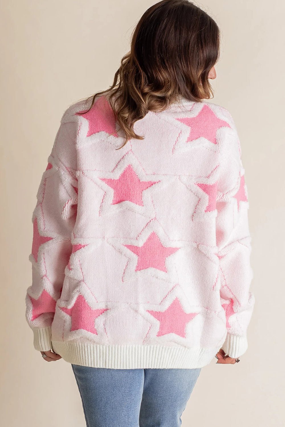 Sachet Pink Star Pattern Drop Sleeve Loose Sweater - MAD RUFFI
