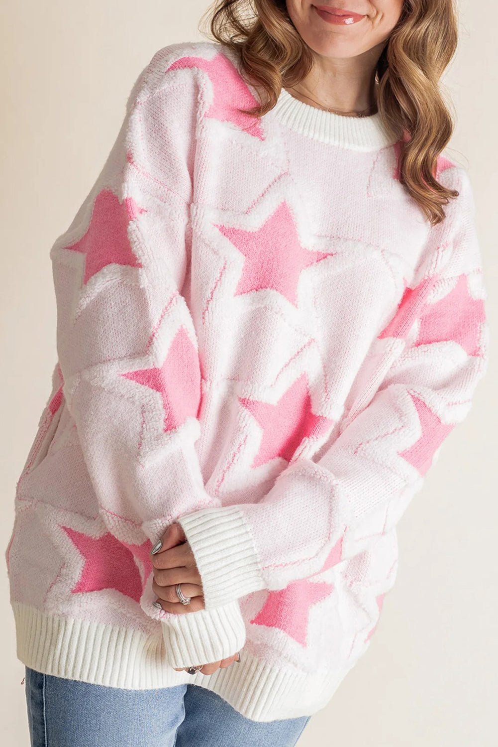Sachet Pink Star Pattern Drop Sleeve Loose Sweater - MAD RUFFI