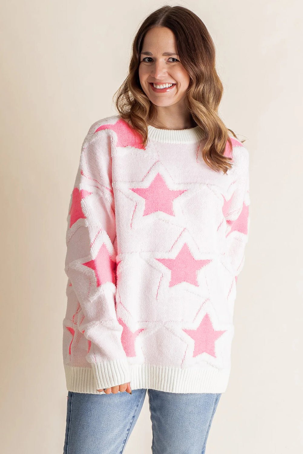 Sachet Pink Star Pattern Drop Sleeve Loose Sweater - MAD RUFFI