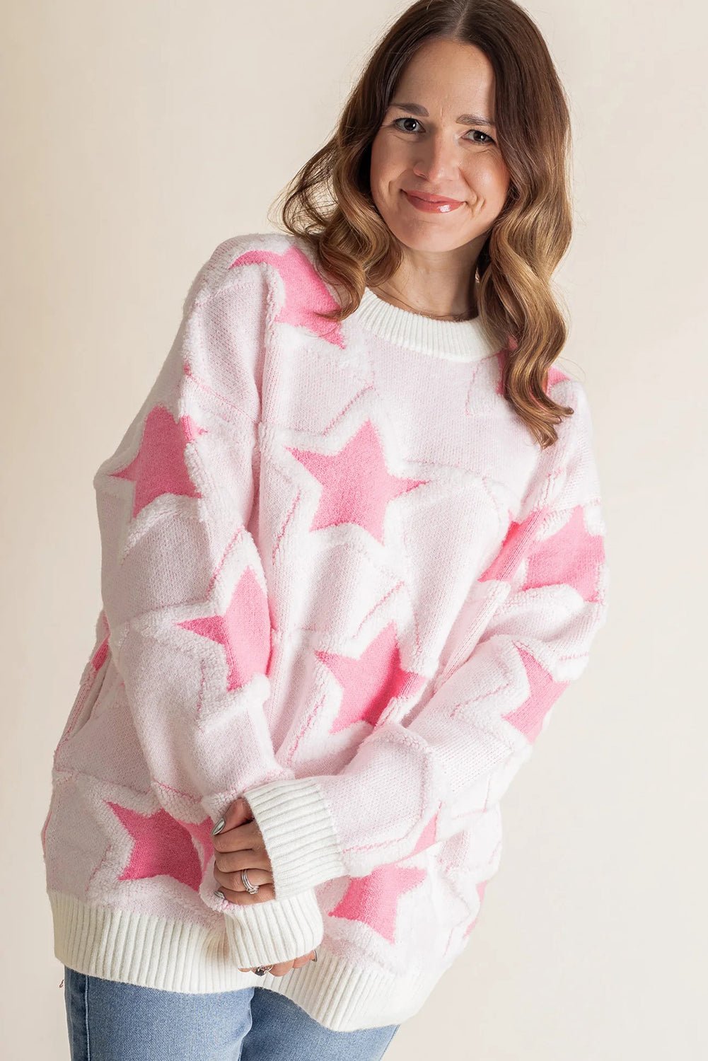 Sachet Pink Star Pattern Drop Sleeve Loose Sweater - MAD RUFFI
