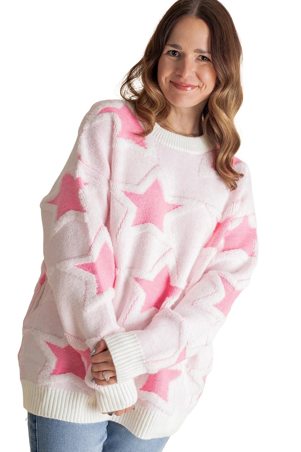 Sachet Pink Star Pattern Drop Sleeve Loose Sweater - MAD RUFFI