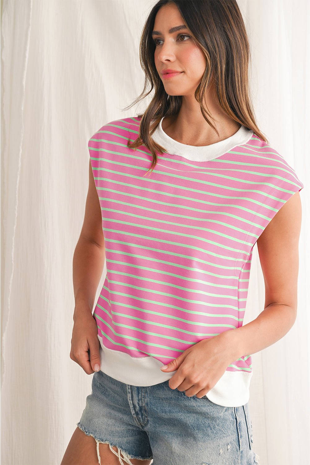 Sachet Pink Striped Contrast Trim Top - MAD RUFFI