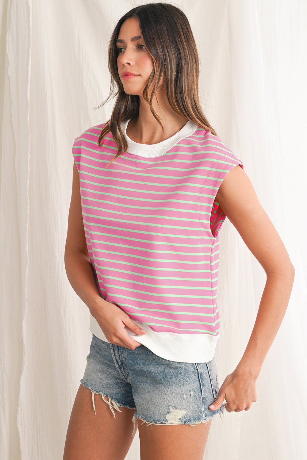Sachet Pink Striped Contrast Trim Top - MAD RUFFI