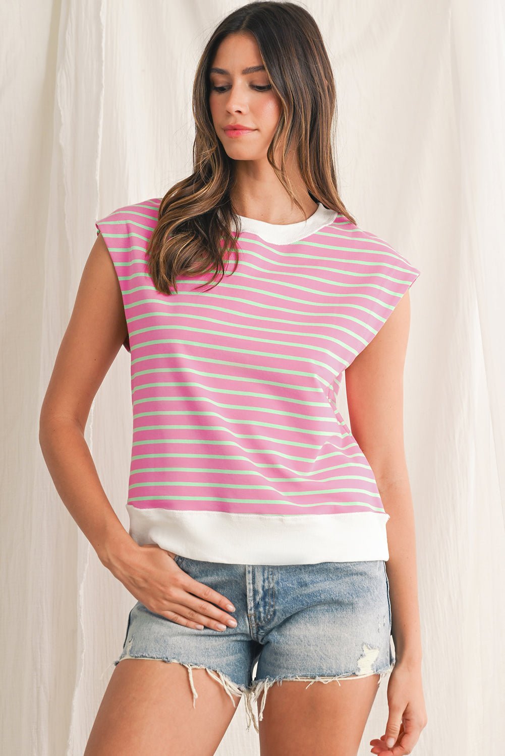 Sachet Pink Striped Contrast Trim Top - MAD RUFFI