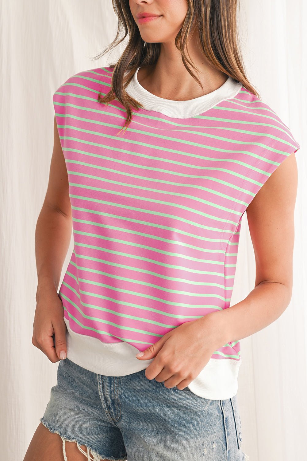 Sachet Pink Striped Contrast Trim Top - MAD RUFFI