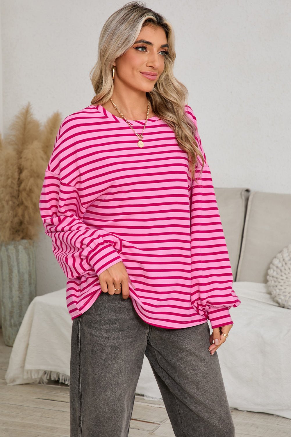 Sachet Pink Striped Oversized Long Sleeve Sweatshirt - MAD RUFFI