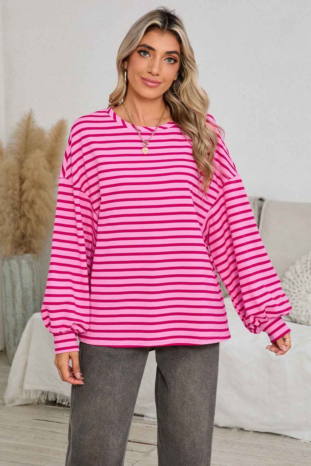 Sachet Pink Striped Oversized Long Sleeve Sweatshirt - MAD RUFFI