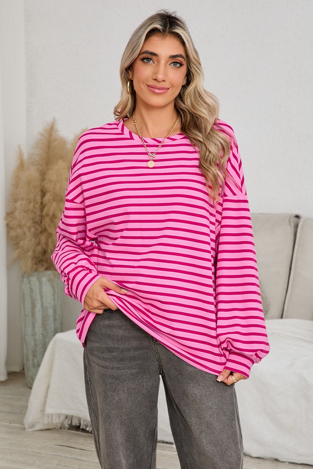 Sachet Pink Striped Oversized Long Sleeve Sweatshirt - MAD RUFFI