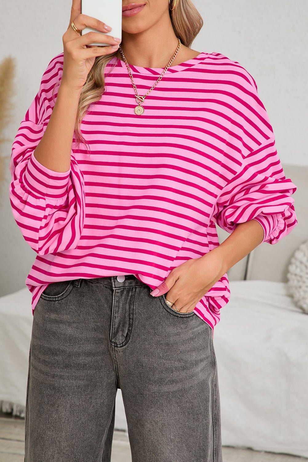 Sachet Pink Striped Oversized Long Sleeve Sweatshirt - MAD RUFFI