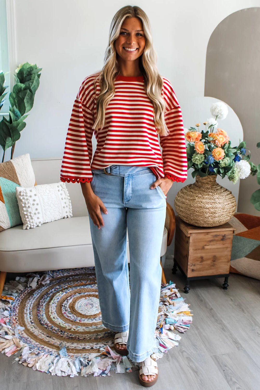 Sachet Pink Striped Round Neck Contrast Trim Bell Sleeve Top - MAD RUFFI