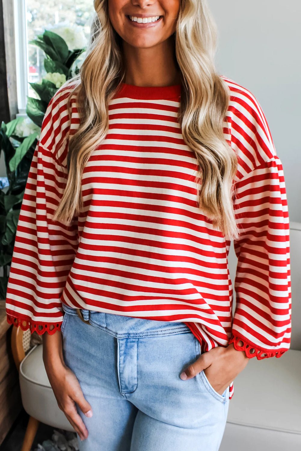 Sachet Pink Striped Round Neck Contrast Trim Bell Sleeve Top - MAD RUFFI