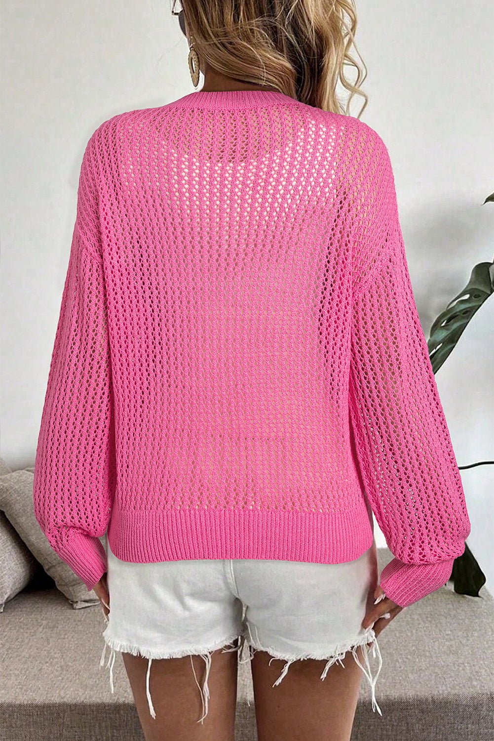 Sachet Pink Sweet Bow Decor Hollow Out Knitted Drop Shoulder Sweater - MAD RUFFI