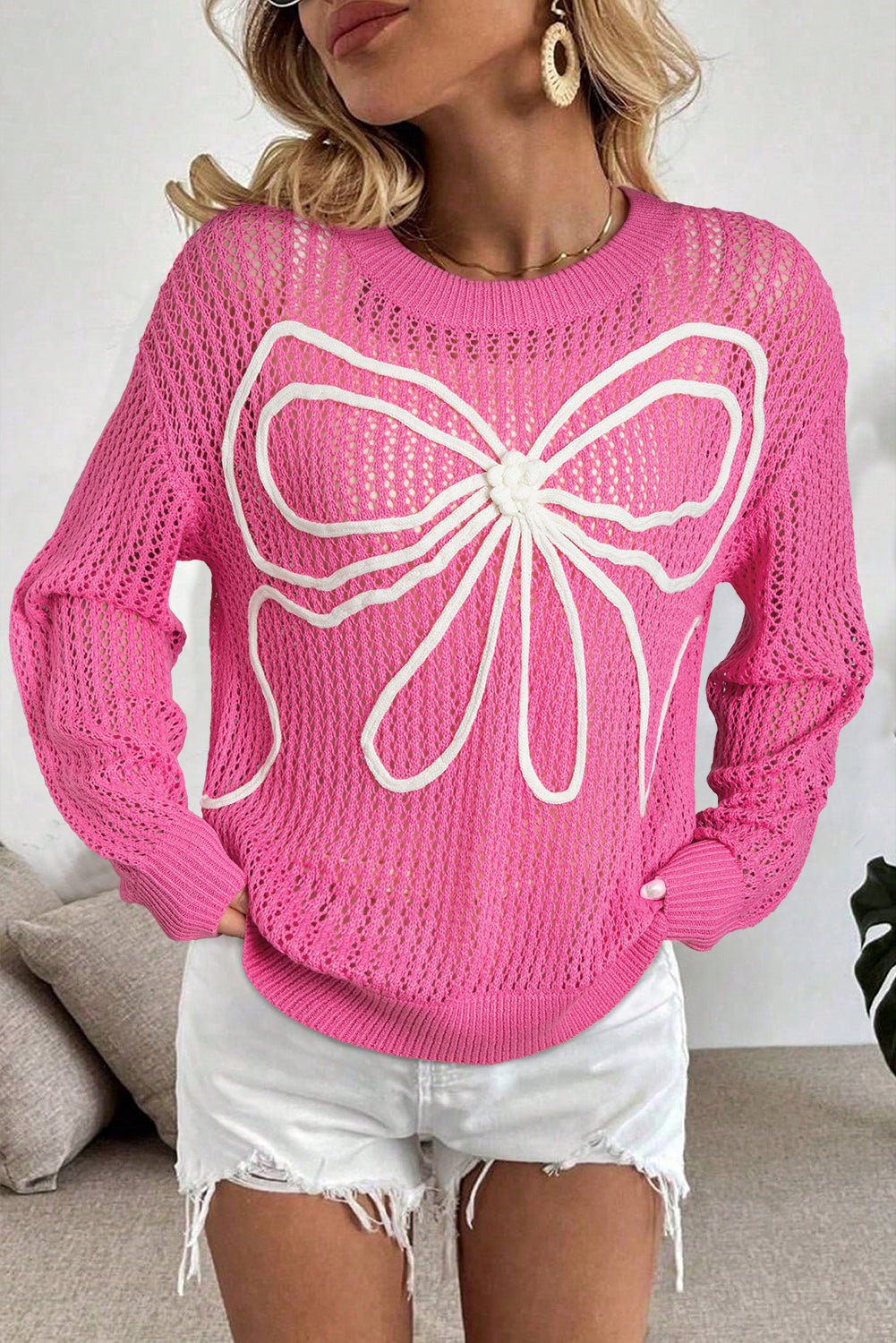 Sachet Pink Sweet Bow Decor Hollow Out Knitted Drop Shoulder Sweater - MAD RUFFI