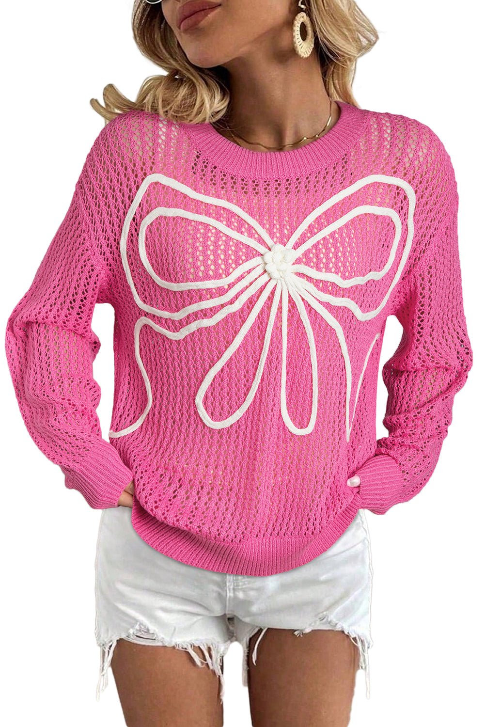 Sachet Pink Sweet Bow Decor Hollow Out Knitted Drop Shoulder Sweater - MAD RUFFI