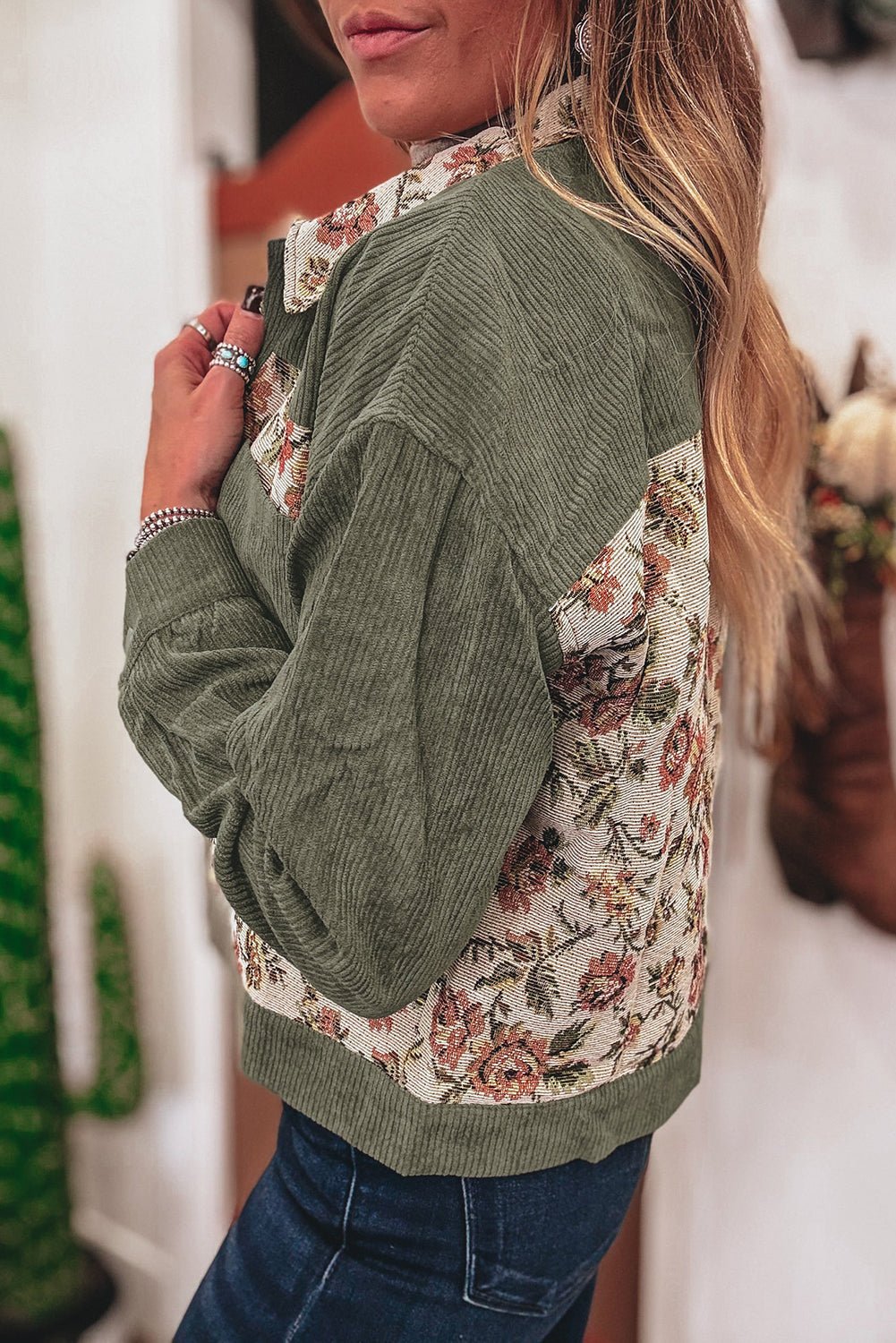 Sage Green Ribbed Retro Floral Patchwork Jacket - MAD RUFFI