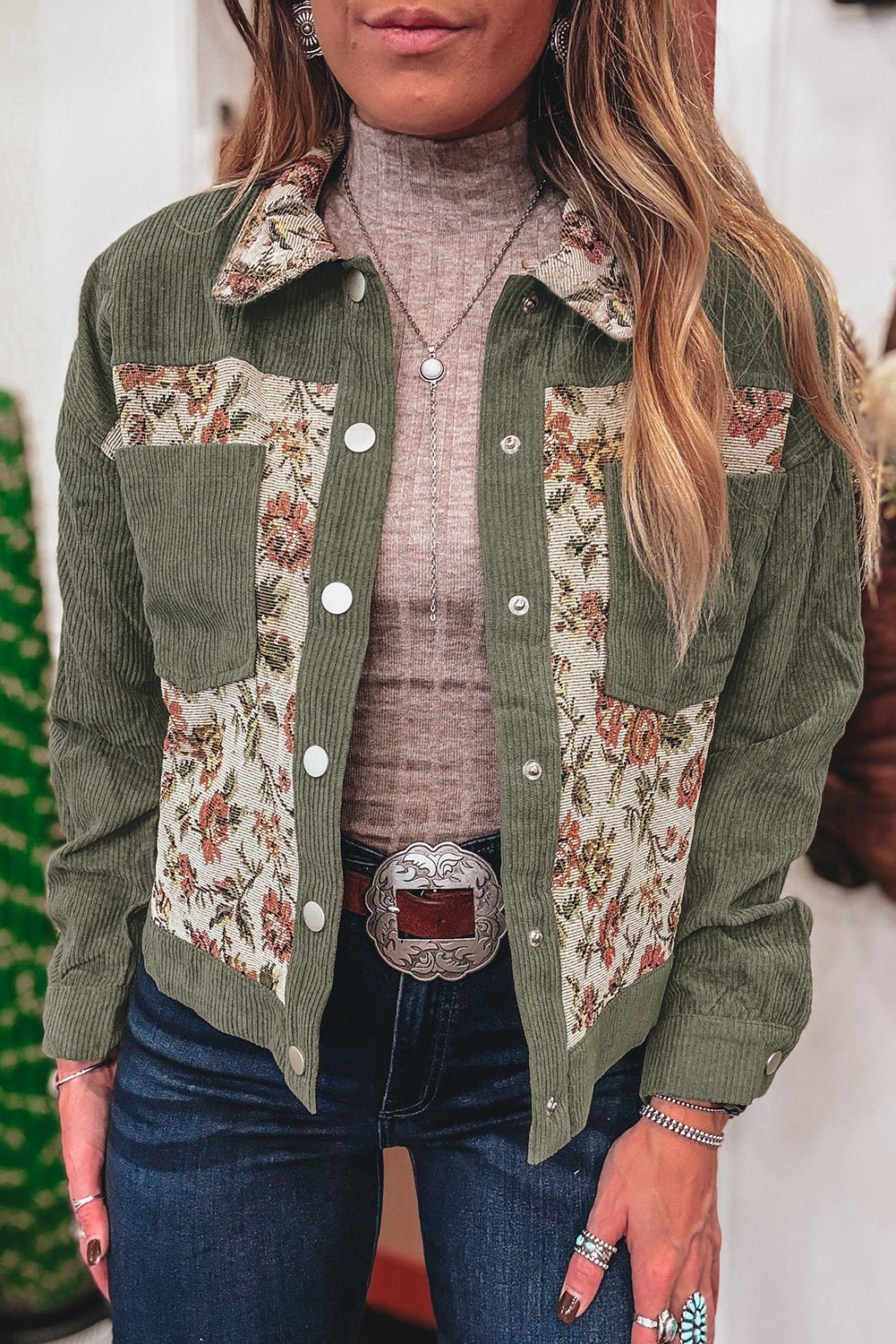 Sage Green Ribbed Retro Floral Patchwork Jacket - MAD RUFFI