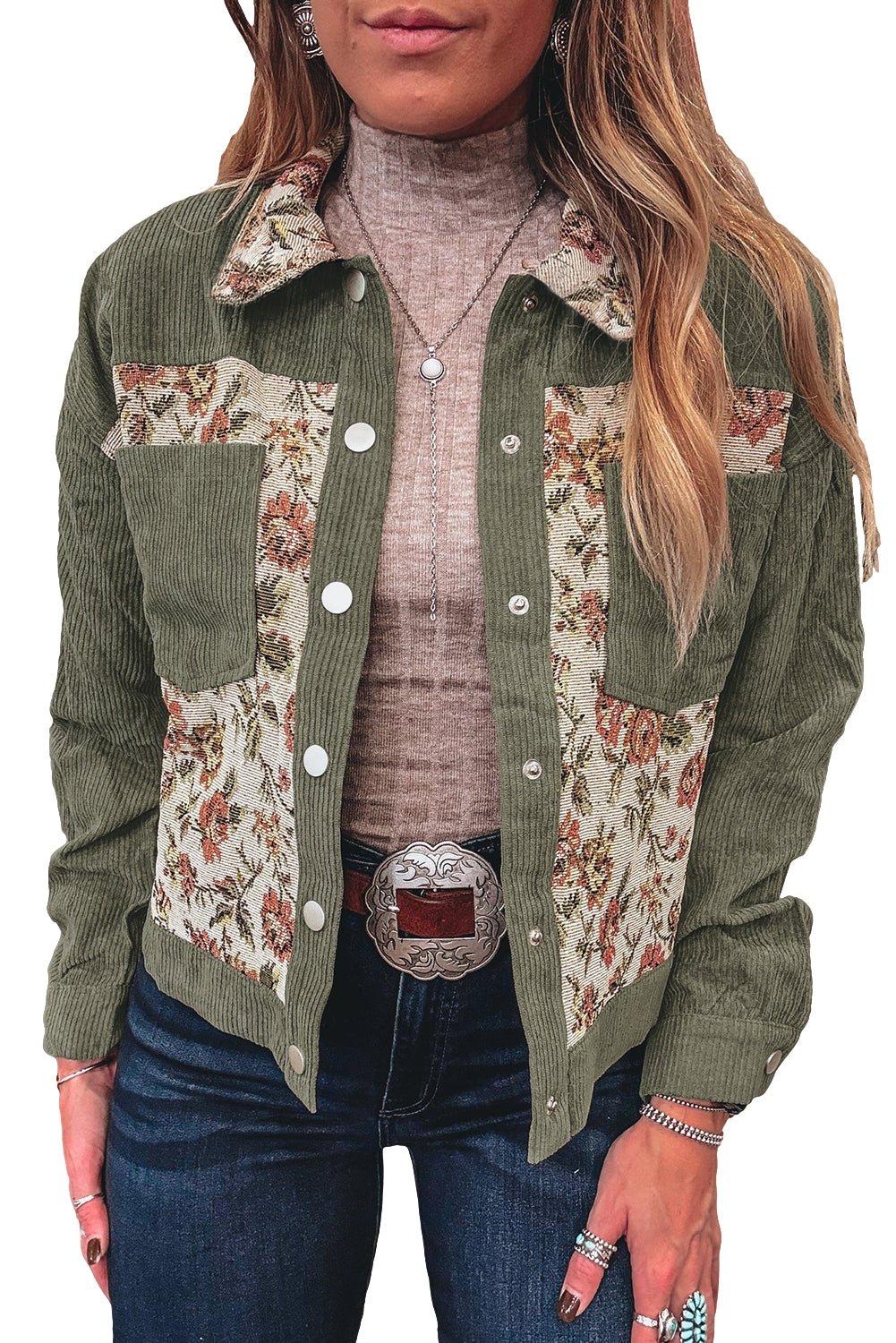Sage Green Ribbed Retro Floral Patchwork Jacket - MAD RUFFI