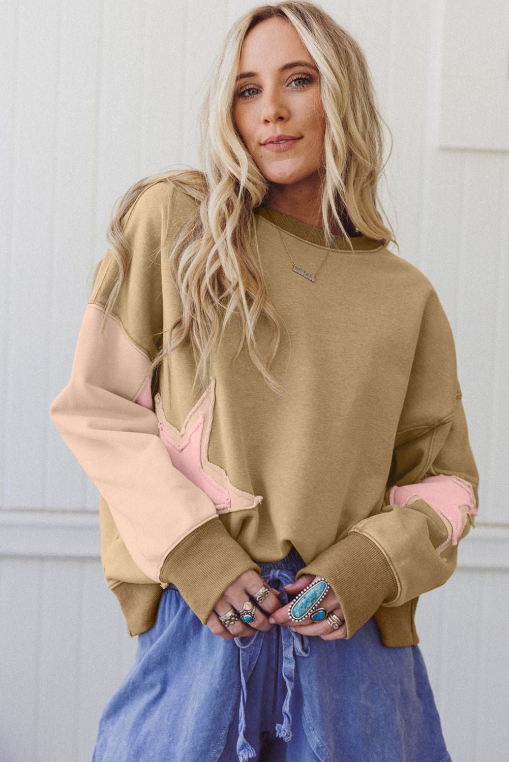 Sage Green Star Patchwork Exposed Seam Uneven Hem Sweatshirt - MAD RUFFI