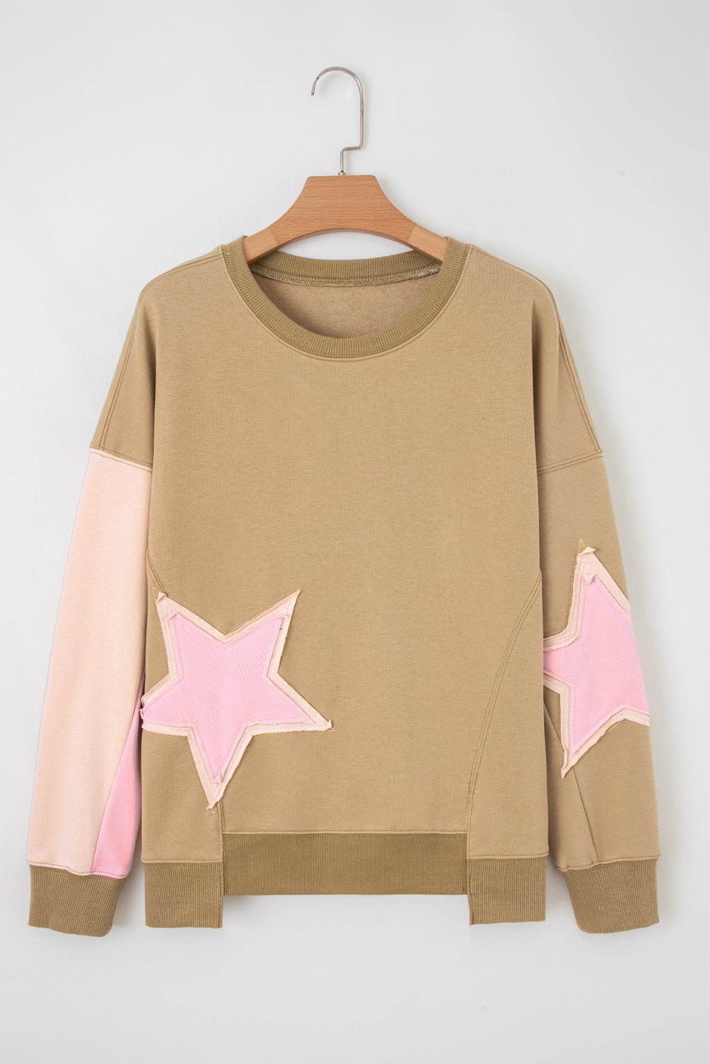 Sage Green Star Patchwork Exposed Seam Uneven Hem Sweatshirt - MAD RUFFI