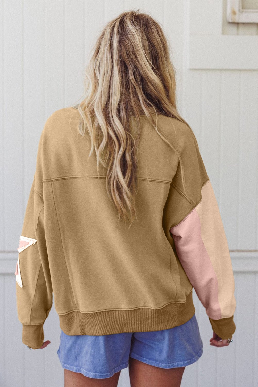 Sage Green Star Patchwork Exposed Seam Uneven Hem Sweatshirt - MAD RUFFI