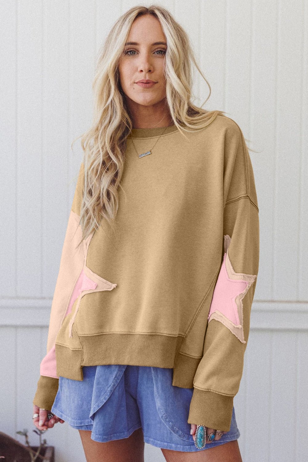 Sage Green Star Patchwork Exposed Seam Uneven Hem Sweatshirt - MAD RUFFI