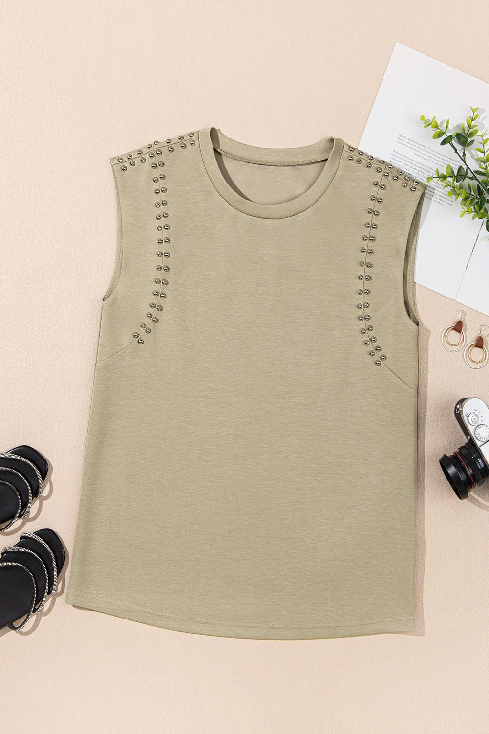 sage green studded cap sleeve round neck t shirt - MAD RUFFI