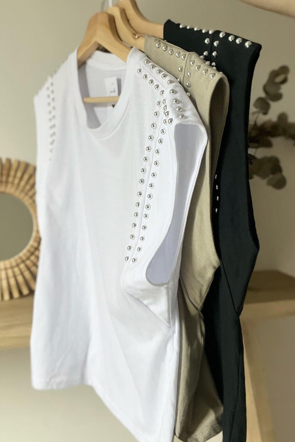 sage green studded cap sleeve round neck t shirt - MAD RUFFI