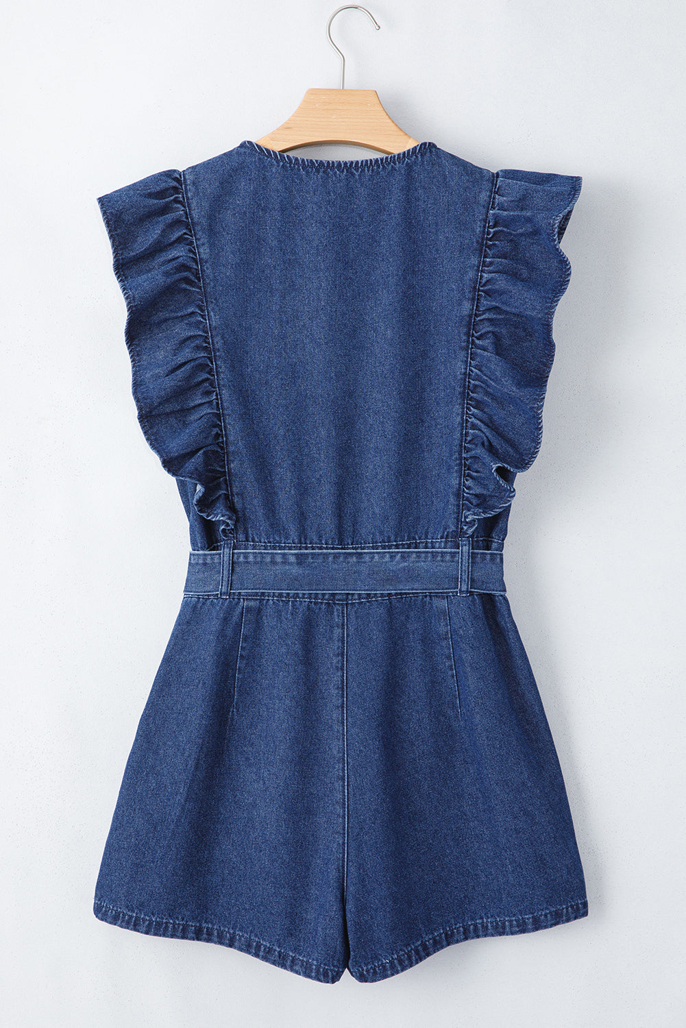 Sail Blue Denim Ruffled Zipped Front Belted Romper - MAD RUFFI