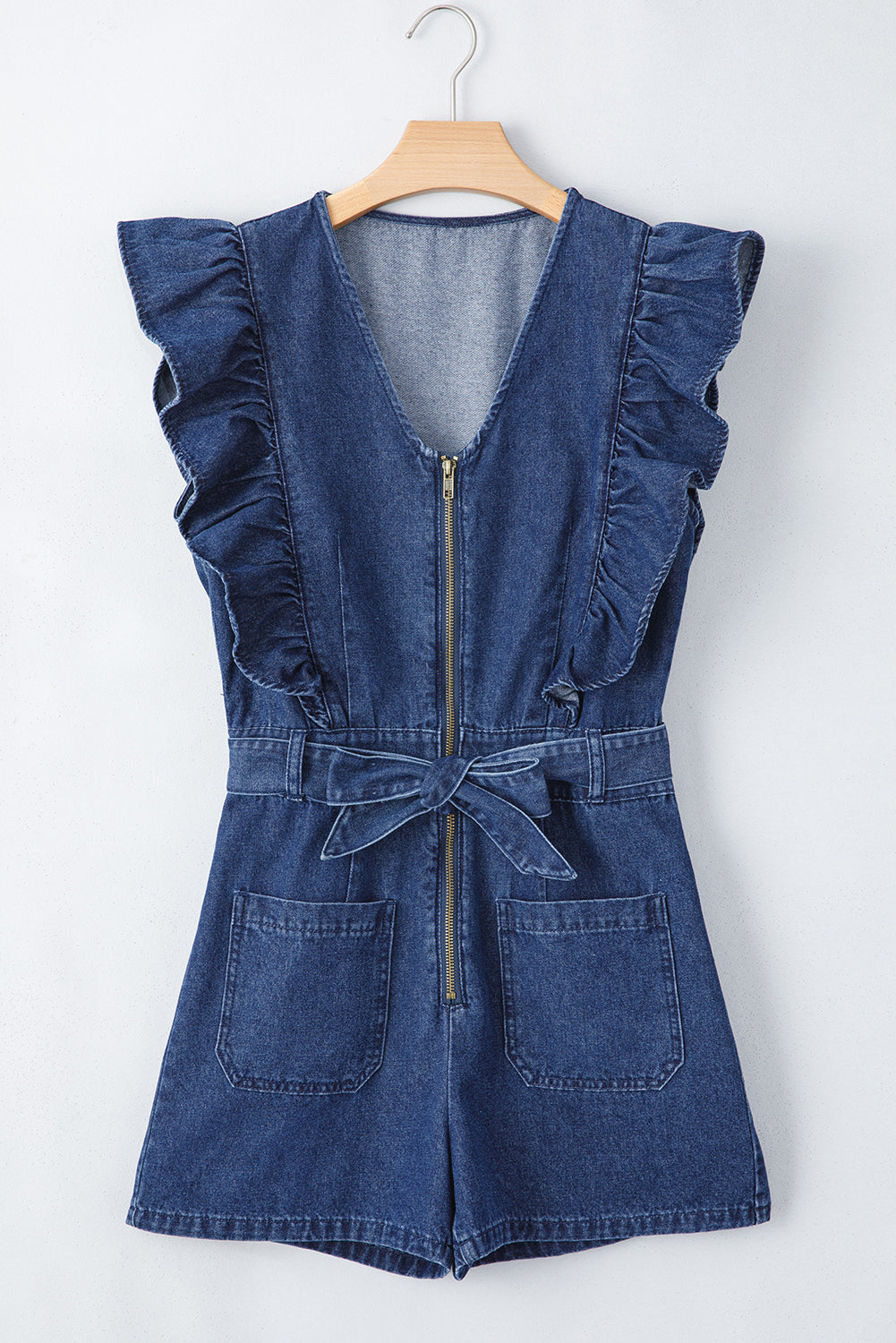 Sail Blue Denim Ruffled Zipped Front Belted Romper - MAD RUFFI