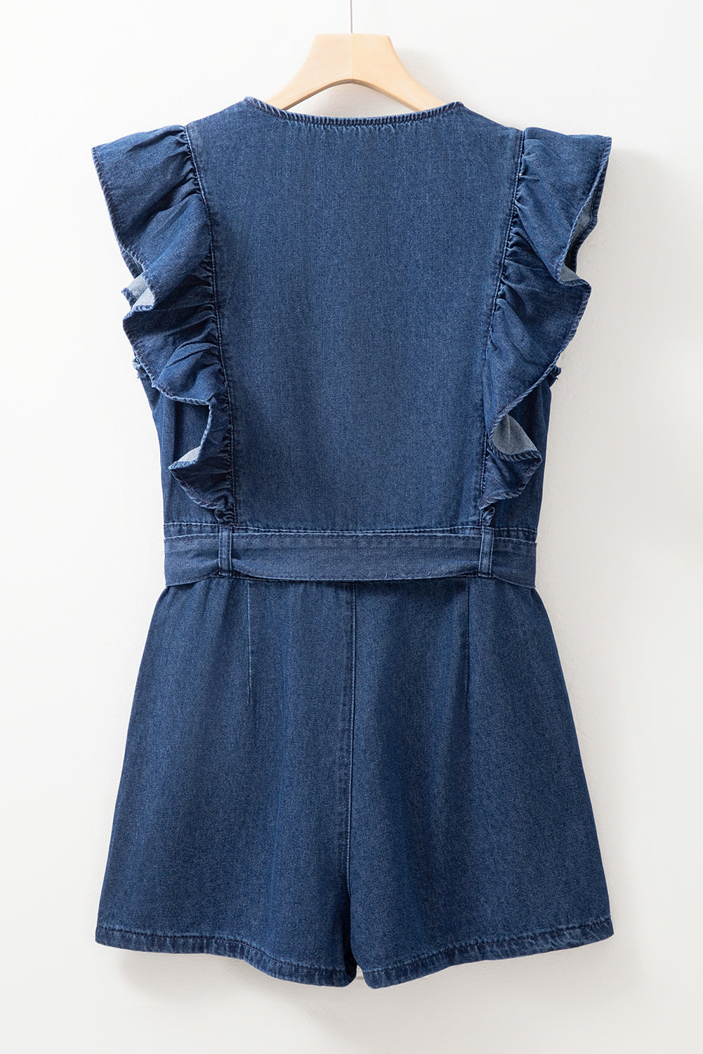 Sail Blue Denim Ruffled Zipped Front Belted Romper - MAD RUFFI